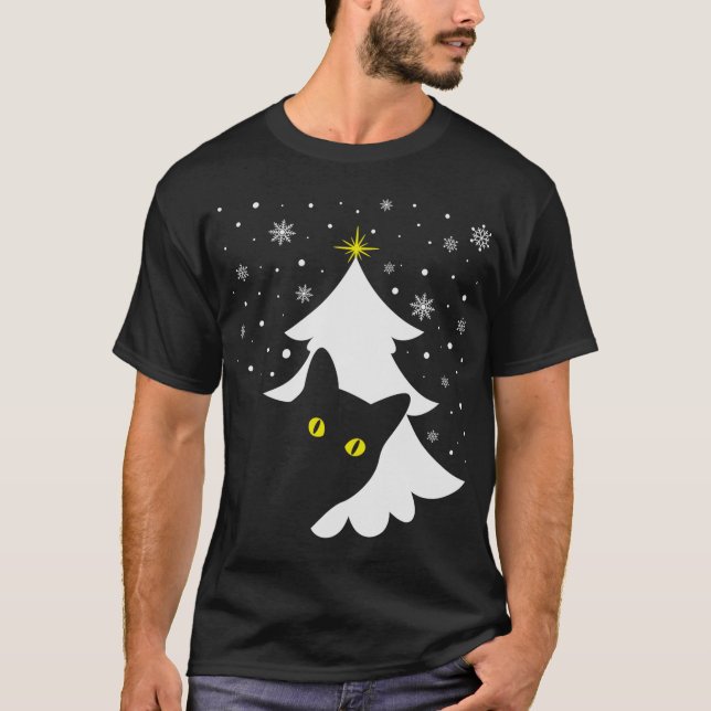 Weihnachts Schwarze Katze Weihnachtsbaum Schnee un T-Shirt (Vorderseite)