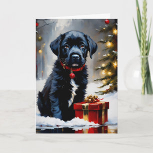 Weihnachts Schwarze Welpe mit rotem Geschenk Karte