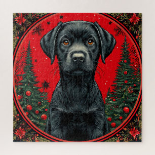 Weihnachts-Schwarzer Labrador mit festlichen Bäume Puzzle