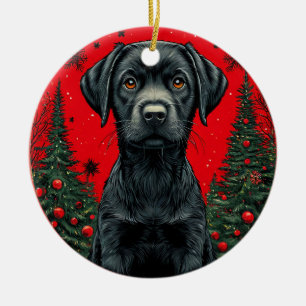 Weihnachts Schwarzes Labrador mit festlichen Bäume Keramik Ornament