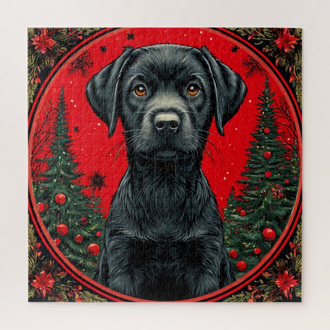 Weihnachts Schwarzes Labrador mit festlichen Bäume Puzzle (Vertikal)