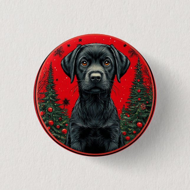 Weihnachts-Schwarzlabrador mit festlichen Bäumen Button (Vorderseite)