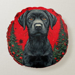 Weihnachts-Schwarzlabrador mit festlichen Bäumen Rundes Kissen