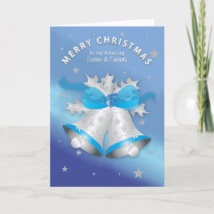 Weihnachts Schwester und Familie Silver Blue Bells Karte