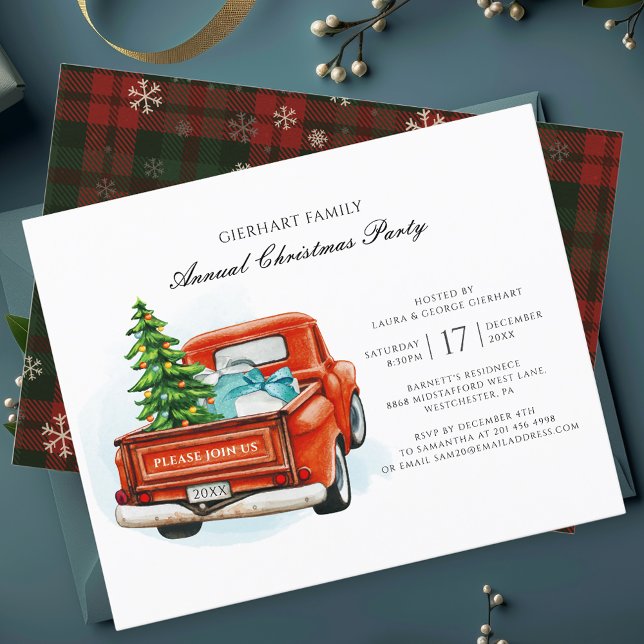 Weihnachts-Script Red Truck Familienfamilie Party  (Rustic Christmas Party Red Truck Elegant Invitation)