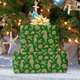 Weihnachts-Seepferd-Muster Gold Green Geschenkpapier
