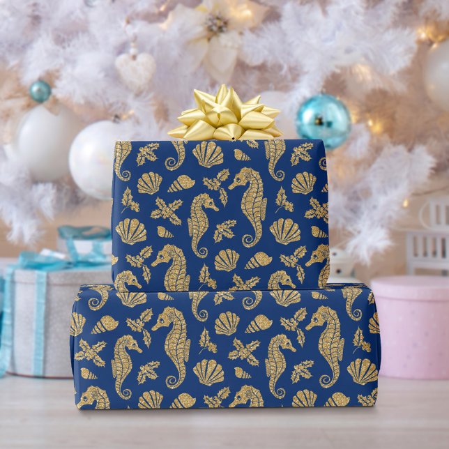 Weihnachts-Seepferd Pattern Gold Navy Blue Geschenkpapier (Von Creator hochgeladen)