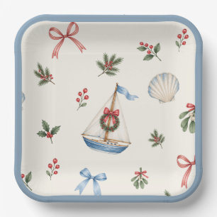 Weihnachts-Segelboot an der Küste & Schleifen-Feie Pappteller