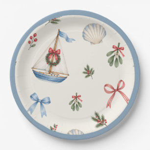 Weihnachts-Segelboot an der Küste & Schleifen-Feie Pappteller