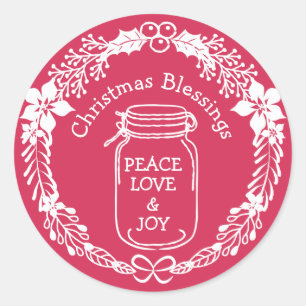 Weihnachts-Segnungen Peace Liebe Joy Mason Jar Runder Aufkleber