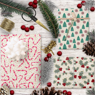 Weihnachts-Set-Candy Canes-Trees-Poinsettias-Holly Geschenkpapier Set