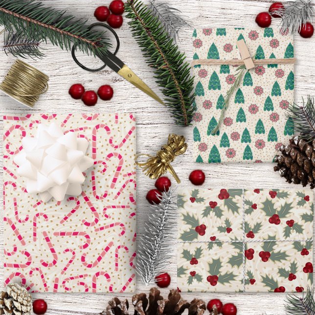Weihnachts-Set-Candy Canes-Trees-Poinsettias-Holly Geschenkpapier Set (Christmas Set-Candy Canes-Trees-Poinsettias-Holly Wrapping Paper Sheets by Leapfroglisics Shop)
