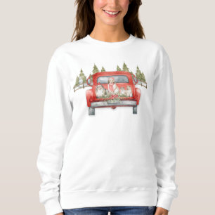 Weihnachts-Shelties in einem roten Vintage-LKW Sweatshirt
