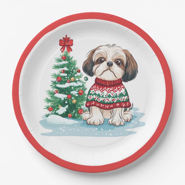 Weihnachts-Shih-Tzu-Santa-Hund Pappteller (Vorderseite)