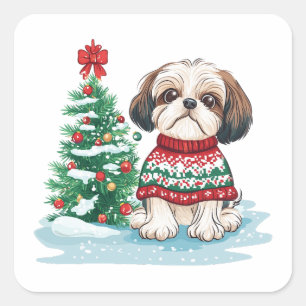 Weihnachts-Shih-Tzu-Santa-Hund Quadratischer Aufkleber