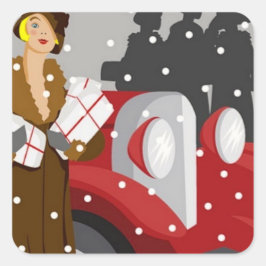 Weihnachts-Shopping im Schnee Quadratischer Aufkleber
