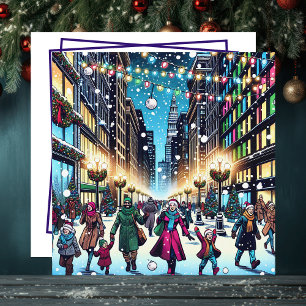 Weihnachts-Shopping in der Stadt an einem Schneeta Feiertagskarte