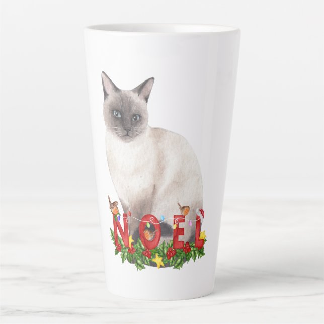 Weihnachts Siamese Cat Watercolor Latte Tasse (Vorderseite)