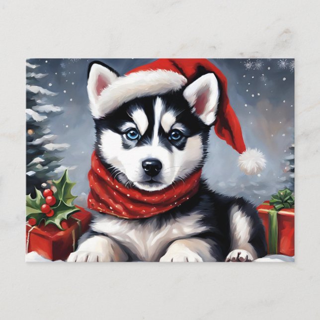 Weihnachts-Sibirische Husky-Welpe-Weihnachtsmannmü Feiertagspostkarte (Vorderseite)