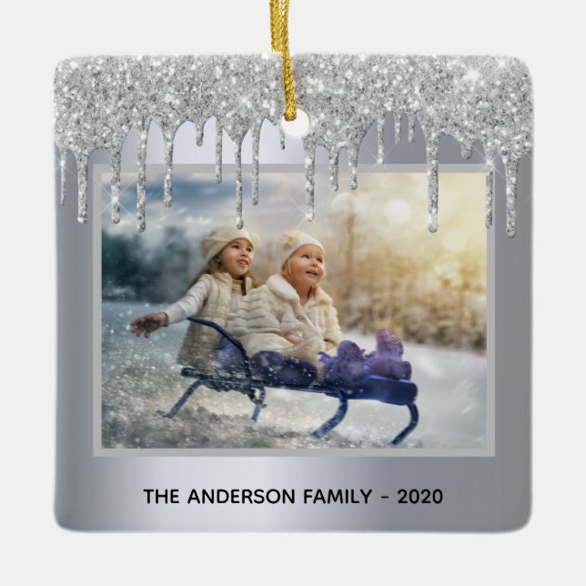 Weihnachts-Silber-Glitzer-Tropfen Foto Winter Keramikornament (Vorderseite)