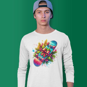 Weihnachts-Skateboard Rote Schleife Kiefernzweige T-Shirt