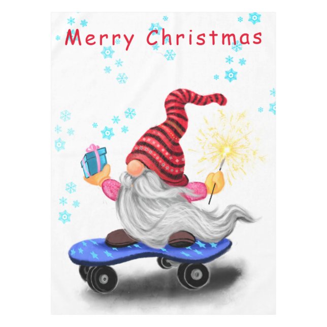 Weihnachts-Skater Gnome mit Geschenk Tableclout Tischdecke (Vorderseite)