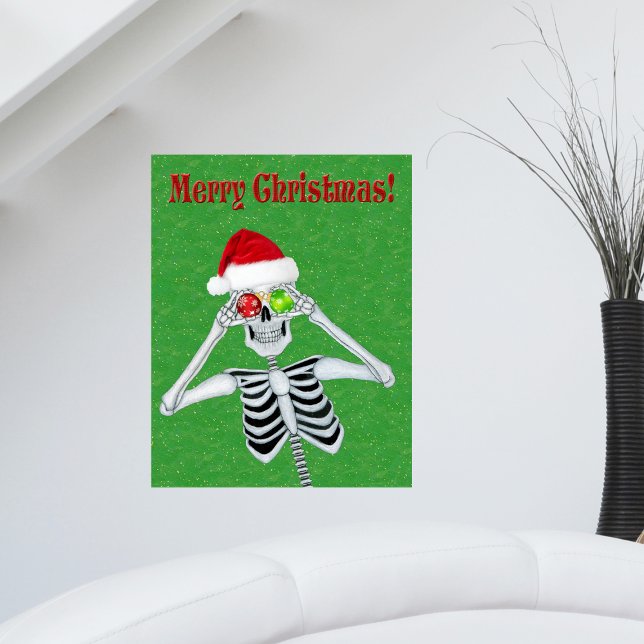 Weihnachts-Skelett-Hat Ornamente Grüne Gold Flecks Poster (Fun Merry Christmas Skeleton with ornament eyes Santa Hat on Green with gold flecks artwork poster.)