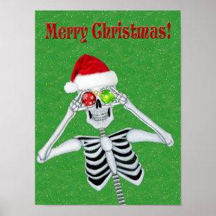 Weihnachts-Skelett-Hut-Ornamente grün mit goldenen Poster
