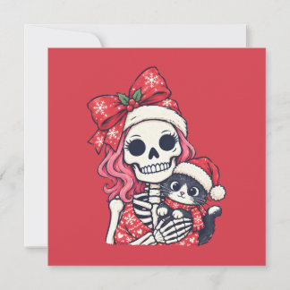 Weihnachts-Skelett-Mädchen mit Katze Feiertagskarte