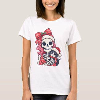 Weihnachts-Skelett-Mädchen mit Katze T-Shirt