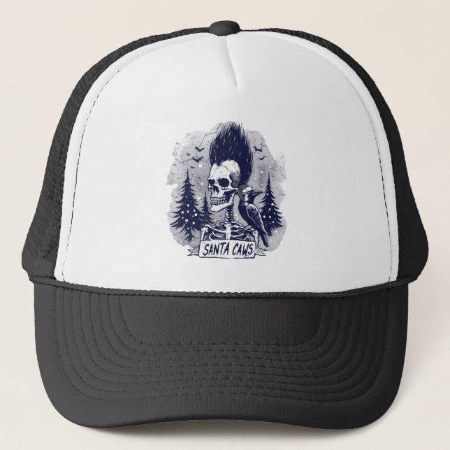Weihnachts-Skelett und Raven Santa Caws Truckerkappe (Vorderseite)