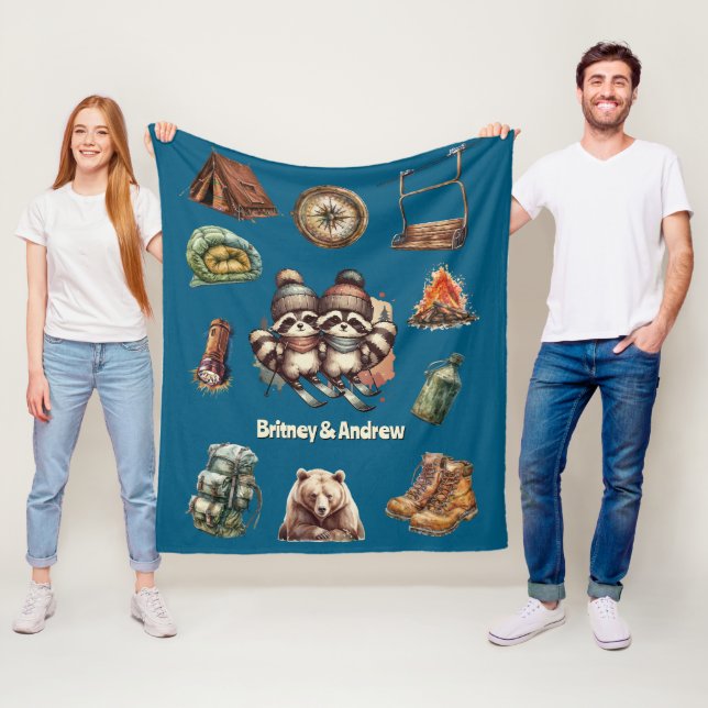 Weihnachts Ski Animal Couple Raccoon Outdoorsy Bla Fleecedecke (Beispiel)