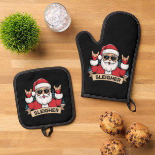 Weihnachts-Sleigher Santa Rock Xmas Rocker Ofenhandschuh & Topflappen-Set