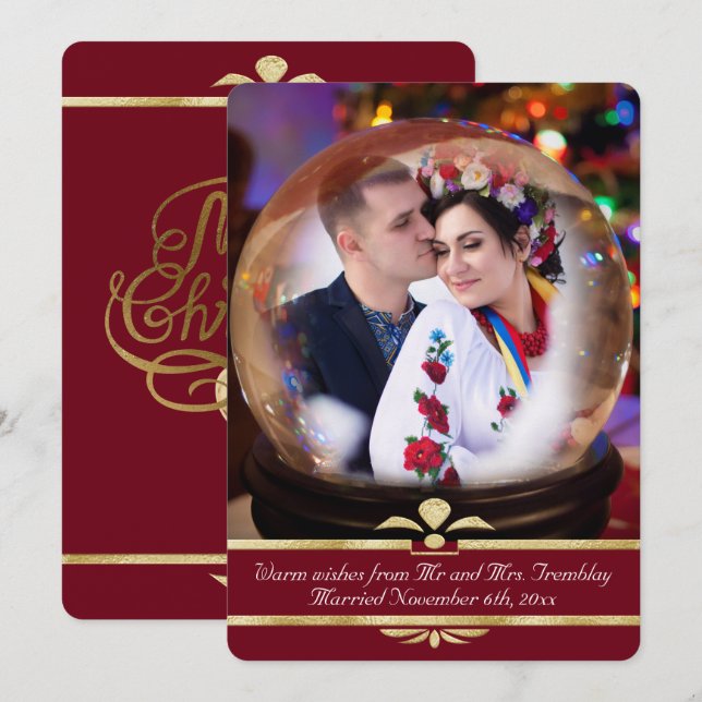 Weihnachts-Snowglobe-Foto Hochzeitsankündigung Rot Einladung (Vorne/Hinten)