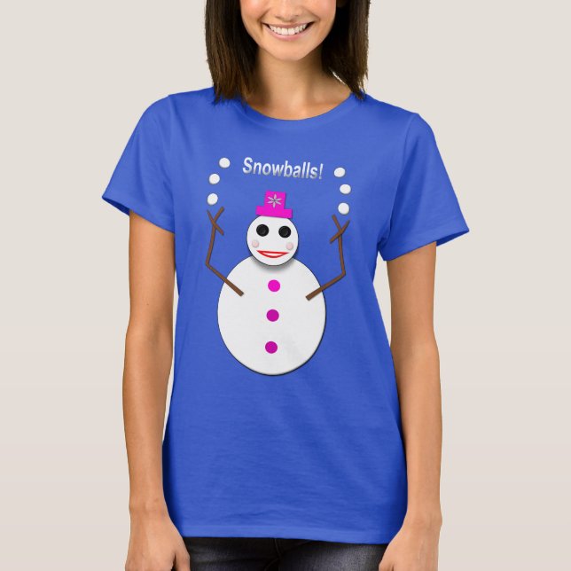 Weihnachts-Snowlady Juggling Snowballs Funny T-Shirt (Vorderseite)
