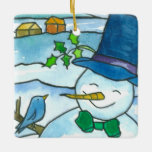 Weihnachts Snowman Bluebird Snowflakes Keramikornament<br><div class="desc">Ein niedliches Ornament für die Ferien mit einem fröhlichen Schneemann mit einem kleinen Blauvogel in einer schneebedeckten Landschaft gezeichnet mit Aquarellfarbe mit einer Schneeflocke Wasserfarbe auf der Rückseite. Ideal für Geschenke und Urlaubsträume!</div>