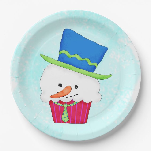 Weihnachts-Snowman Cupcake Art Dessert Party Pappteller (Vorderseite)