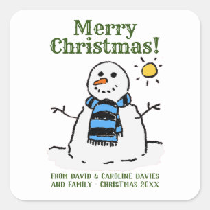 Weihnachts-Snowman-Design mit persönlicher Begrüßu Quadratischer Aufkleber