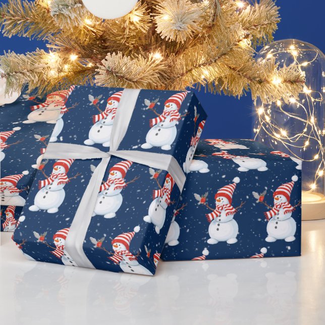 Weihnachts-Snowman mit Bird auf Blue Geschenkpapier (Feiertage)