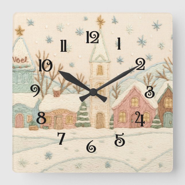 Weihnachts-Snowy-Village-Szene Quadratische Wanduhr (Vorderseite)