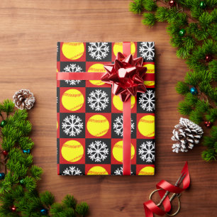 Weihnachts Softball Red und Black Snowflake Muster Geschenkpapier