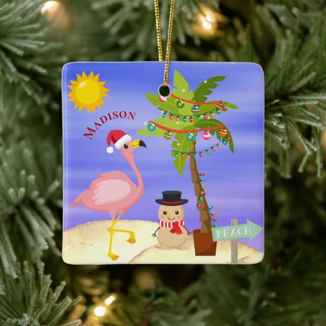 Weihnachts Sommer Flamingo Beach Personalisierter  Keramikornament (Baum)