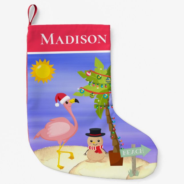 Weihnachts Sommer Flamingo Beach Personalisierter  Kleiner Weihnachtsstrumpf (Vorderseite)