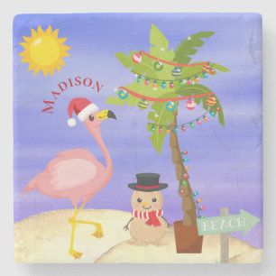 Weihnachts Sommer Flamingo Beach Personalisierter  Steinuntersetzer