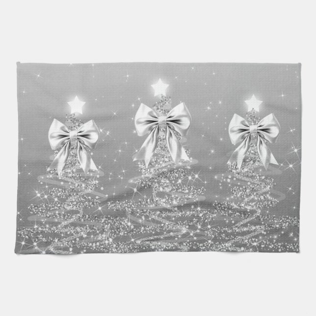 Weihnachts-Sparkling-Bäume Silber-Faux-Bogen  Geschirrtuch (Horizontal)