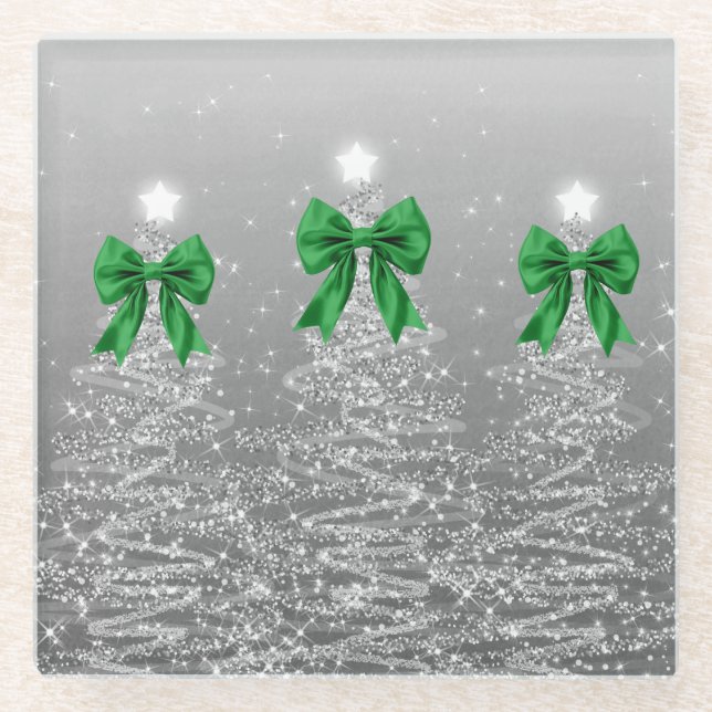 Weihnachts-Sparkling-Bäume Silber-Faux-Grün-Bogen  Glasuntersetzer (Vorderseite)