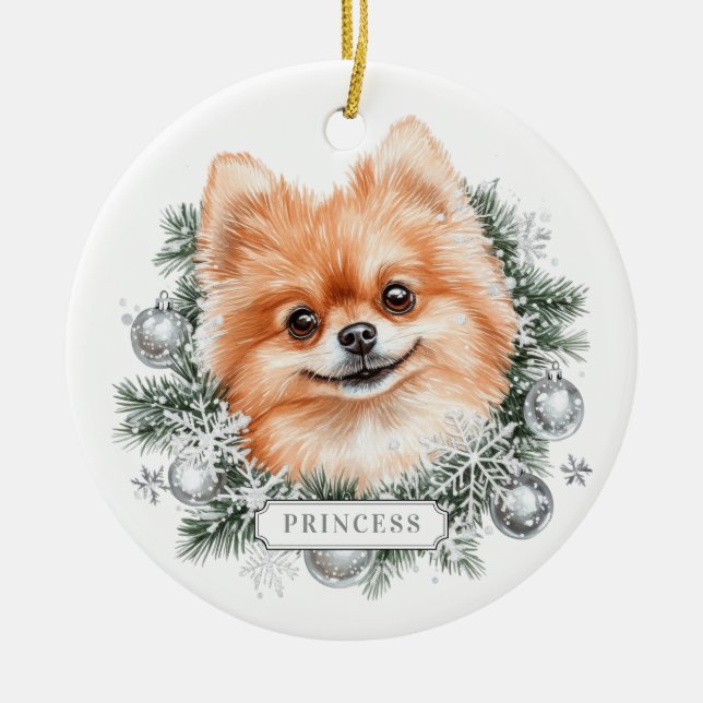 Weihnachts-Spitz Hunde Keramik Circle Ornament (Vorne)