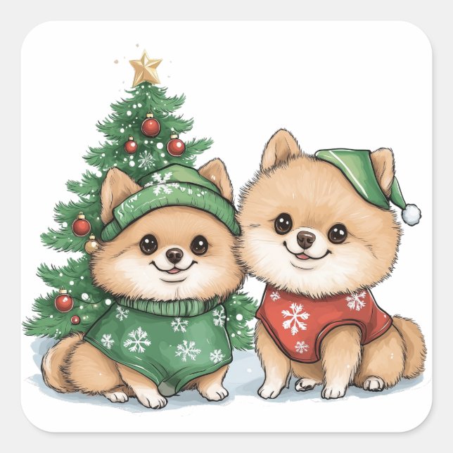 Weihnachts-Spitz-Hunde Quadratischer Aufkleber (Vorderseite)