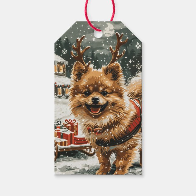 Weihnachts-Spitz Rentier Dog Geschenkanhänger (Vorderseite)