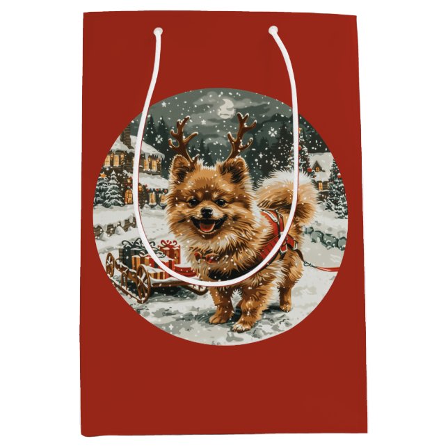 Weihnachts-Spitz Rentier Dog Mittlere Geschenktüte (Vorderseite)